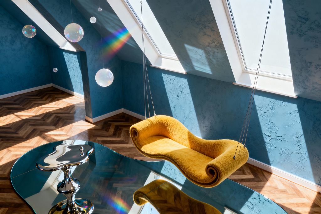 A skylit loft living room with textured blue plaster walls and a warm herringbone wood floor. A mustard-yellow, fur-like curling swing sofa hangs from steel cables beside an organic, aqua-tinted mirrored coffee table on a chrome pedestal with a melting profile. Iridescent glass orbs are suspended at varying heights while sunlight pours through large roof windows, casting sharp shadows and a rainbow prism across the room, creating a dreamlike, surreal atmosphere.