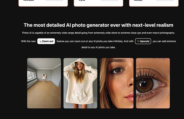 The image features a promotional layout for an AI photo generator with various visual elements and text descriptions.