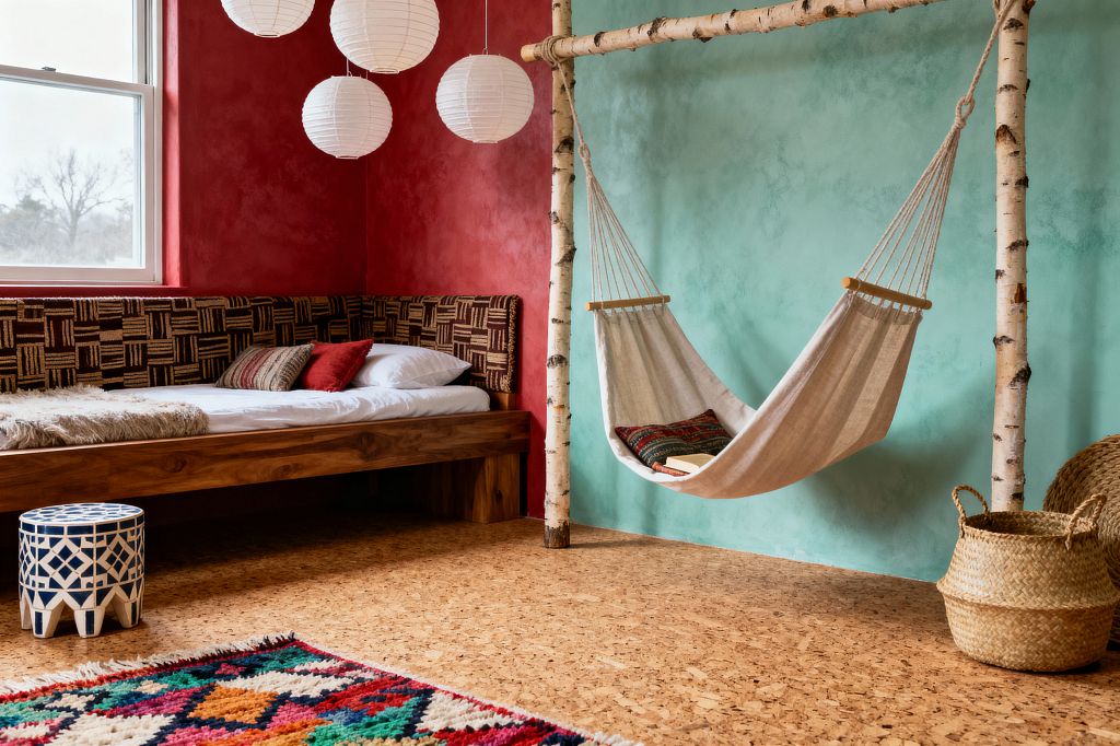 A bohemian kids’ room features a textured terracotta red wall meeting a soft aqua wall, with warm cork flooring underfoot. A low solid-wood daybed has a patterned woven rattan back and white bedding with red and striped pillows. A cream linen hammock hangs from birch trunk posts, accented by a kilim-style cushion and a book. White paper lanterns hang overhead, a blue-and-white ceramic stool sits nearby, woven baskets rest to the right, and a colorful geometric rug brightens the floor.