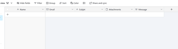 A blank table interface for a contact form is displayed.