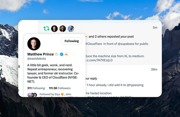 The image displays a Twitter profile of Matthew Prince, CEO of Cloudflare, alongside a notification of retweets.