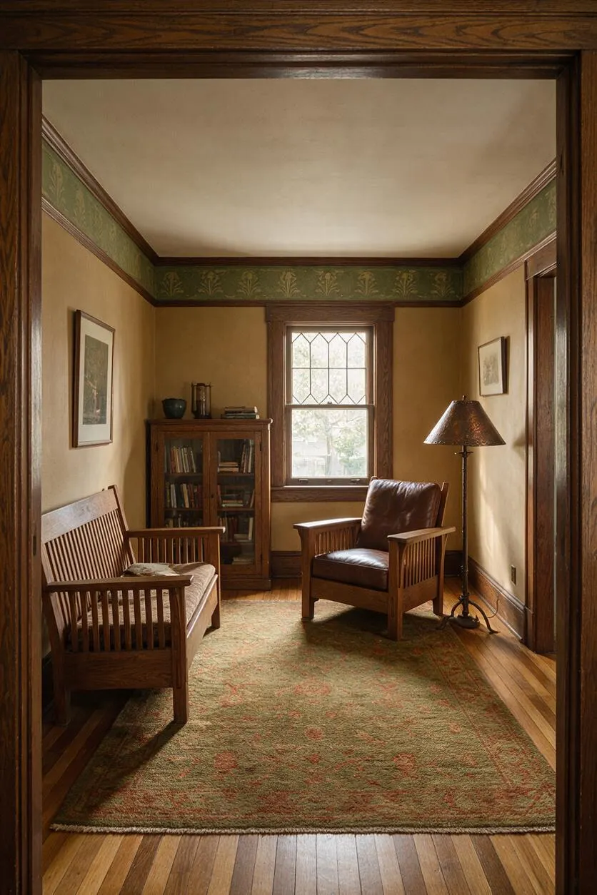 A narrow Craftsman-style living room with honey-toned hardwood floors, dark wood trim, and two wooden armchairs with leather and fabric cushions. The room includes a small bookcase, a patterned area rug, a tall floor lamp, and a leaded-glass window centered on the back wall.