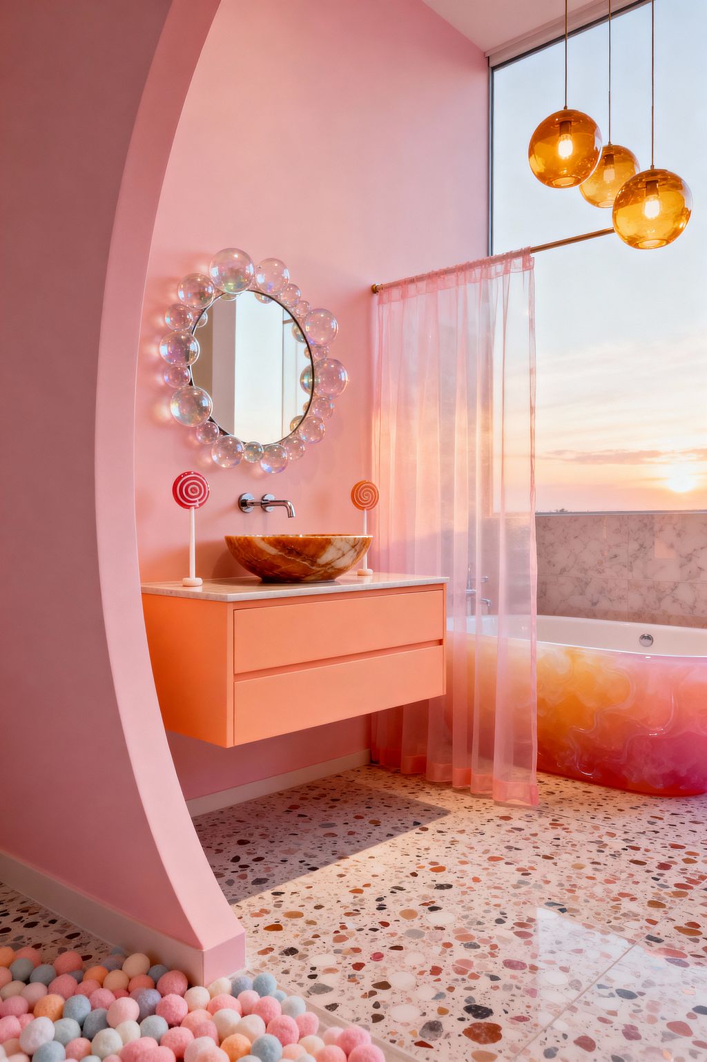 A whimsical pink bathroom features a curved partition and a floating peach vanity with a honey onyx bowl sink and wall-mounted faucet. Above it hangs a round mirror framed in iridescent bubble glass, flanked by lollipop ornaments. The floor is confetti terrazzo with a pastel pom-pom rug. A sheer pink curtain veils a tub with a pink-to-apricot ombré exterior and marble surround, illuminated by three amber glass pendants and sunset light through a tall window.