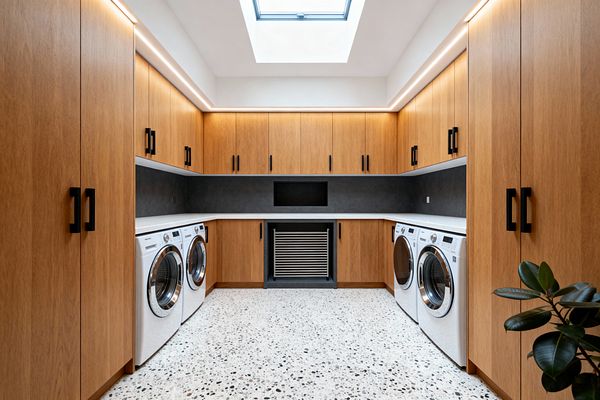 A contemporary galley laundry room with warm oak cabinetry and black bar pulls lines both sides and the back wall, topped by white quartz counters. Four front-loading machines sit below, while a charcoal matte backsplash frames a recessed niche and a built-in drying rack. A white terrazzo floor with black and gray chips, continuous LED perimeter lighting, and a large central skylight brighten the space; a small potted plant softens the edges.
