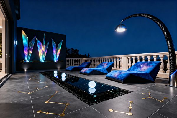 A nighttime patio features four low, angular chaise lounges upholstered in blue and purple galaxy-patterned fabric on large charcoal tiles with brass constellation inlays. A central recessed, glass-lined trough filled with black pebbles holds glowing white orb lights, while a tall arched floor lamp with a chrome shade illuminates the scene. A dark feature wall displays backlit acrylic shard sculptures in multicolor nebula hues, with a cream stone balustrade framing the terrace.
