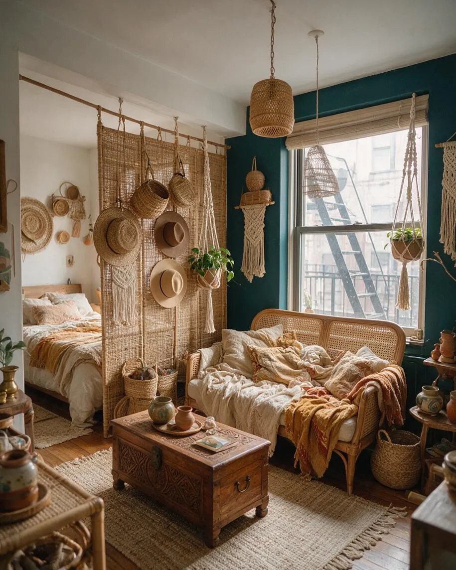 A cozy studio apartment styled in bohemian decor with a rattan loveseat, layered neutral textiles, woven wall hangings, hanging plants, and straw hats used as art. Deep teal walls frame a bright window, while a carved wooden trunk coffee table and natural fiber rugs add warmth and texture.