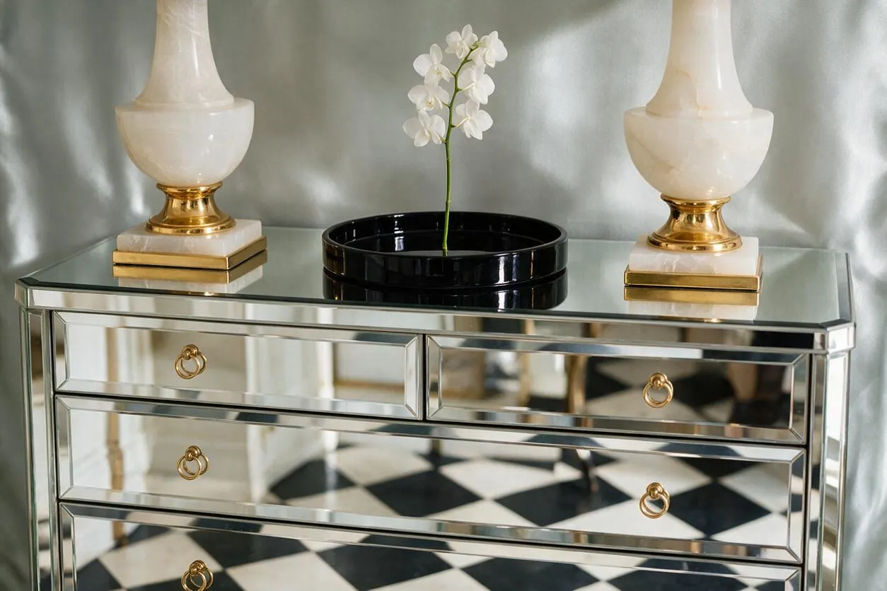 A mirrored console table with a glass top sits against a soft silver backdrop, styled with two ivory-and-gold urn lamps and a black tray holding a white orchid. The reflective drawer fronts, brass ring pulls, and black-and-white checkered floor create a polished Hollywood Regency look.