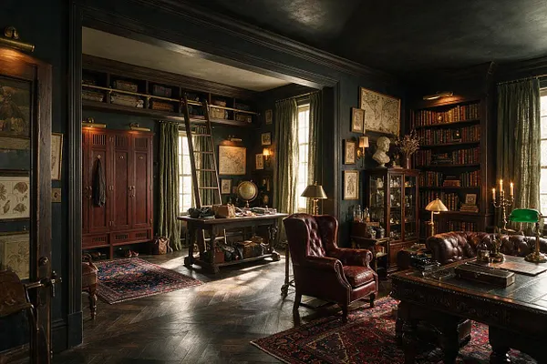 A dark, moody mudroom styled in Dark Academia with deep green walls, a tall wooden locker cabinet, built-in shelving filled with books, and a central worktable. The room features leather armchairs, patterned rugs, green velvet curtains, maps, brass lamps, and warm candlelight-like illumination.