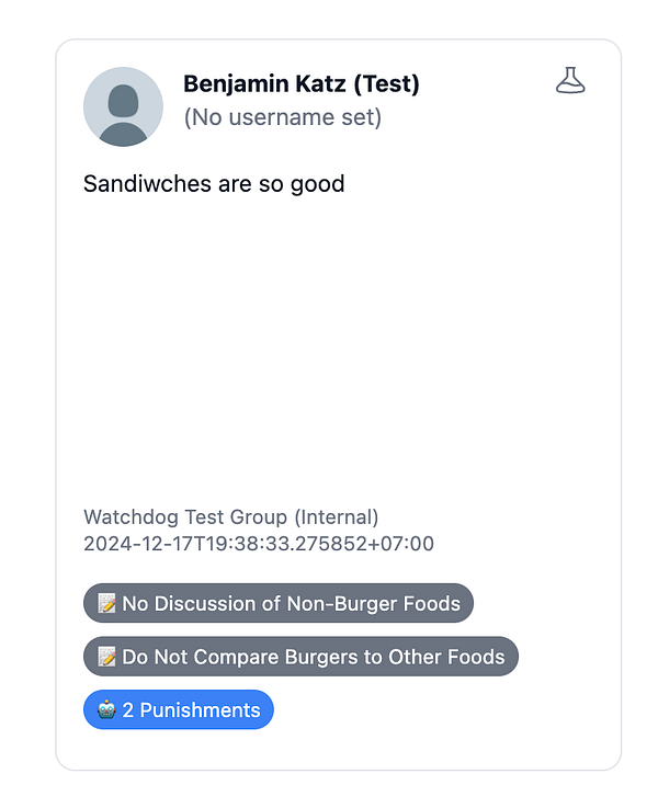 A user profile interface displaying a message about sandwiches and associated group rules.
