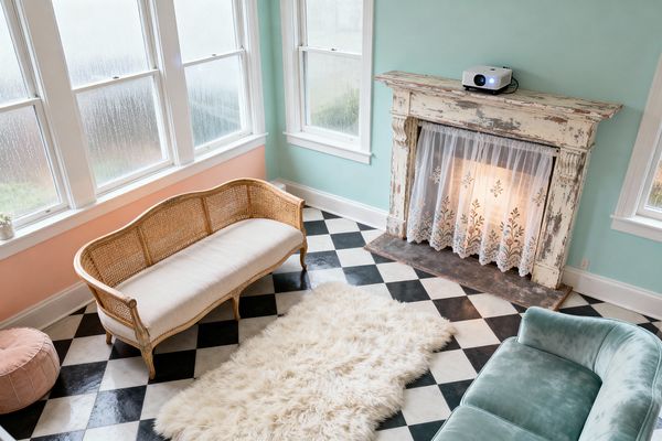 A light-filled media room features mint walls, a blush wainscot, and white-trimmed windows with raindrops. A distressed white fireplace mantel holds a projector, while the firebox is veiled by embroidered lace backlit with a warm lamp. Seating includes a natural rattan cane settee with a linen cushion and a seafoam velvet loveseat on a black-and-white diamond tile floor, paired with a fluffy ivory runner and a blush round pouf.