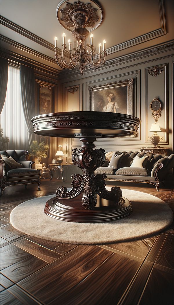 a round, ornate Gueridon table made of dark wood with sculptural legs, placed in an elegantly designed living room setting