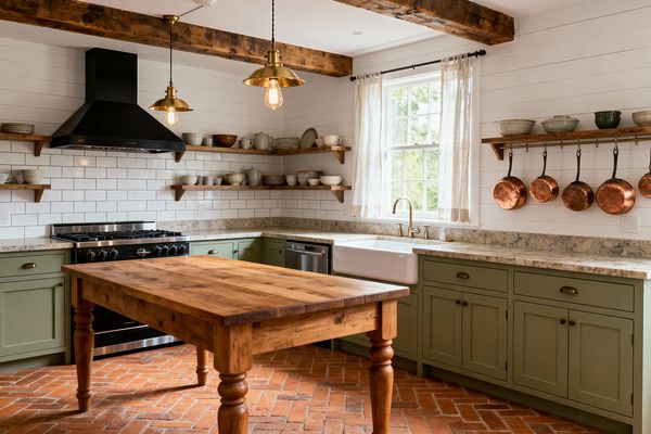A farmhouse kitchen features sage green Shaker cabinets in an L-shape with light speckled granite countertops and a white apron-front sink beneath a window dressed in linen curtains. Walls combine white shiplap and subway tile, with open wood shelves displaying crockery and a rail of hanging copper pans; a chunky wooden worktable sits on a herringbone brick floor, while exposed beams, brass pendant lights, and a matte black range with hood complete the room.