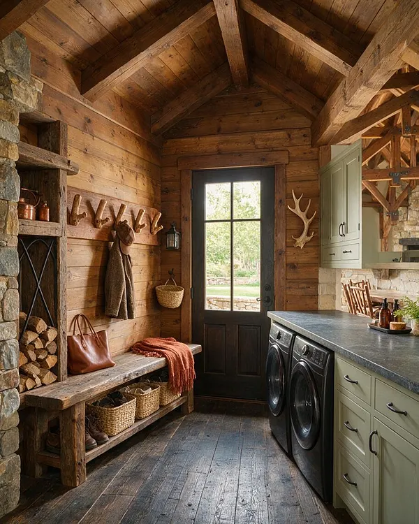 A rustic basement mudroom with exposed wood plank walls and ceiling beams, a black glass-paneled door, and a stone fireplace edge on the left. Built-in benches, woven baskets, antler hooks, sage green cabinets, and a dark countertop create a warm, practical entry space.