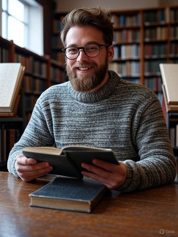 A smiling man with glasses is sitting at a table in a library, holding an open book.