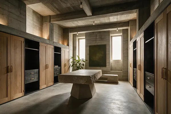 A brutalist-style closet with exposed concrete walls and ceiling beams, flanked by built-in oak wardrobes with black interior shelving and drawers. A heavy stone pedestal table stands in the center, with a bench, a potted plant, and soft daylight coming through narrow windows.
