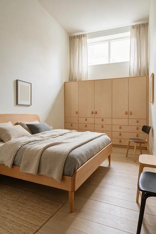 A bright Scandinavian-style master bedroom with a light oak bed, soft gray bedding, and a matching floor-to-ceiling wardrobe beneath a high window. Sheer beige curtains filter natural light, and simple framed art, a woven rug, and a few small wooden chairs complete the calm, minimalist space.