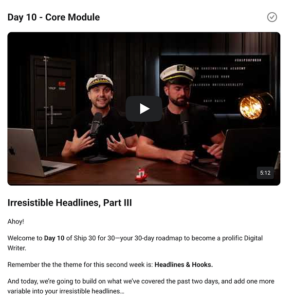 Two presenters in captain hats discuss writing techniques in a video format.