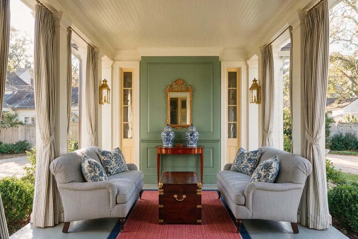 A traditional front porch with two striped sofas facing each other around a small wooden chest used as a table. The space features sage green paneling, a gold-framed mirror, blue-and-white ginger jars, tall striped curtains, and brass lantern sconces, all framed by open porch views.
