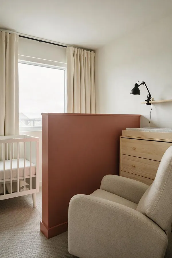 A modern nursery with a white crib near a large window dressed in cream curtains, a terracotta-colored divider panel, a light wood dresser with a changing top, and a beige upholstered rocking chair. A black wall lamp and soft neutral carpet complete the calm, minimalist space.