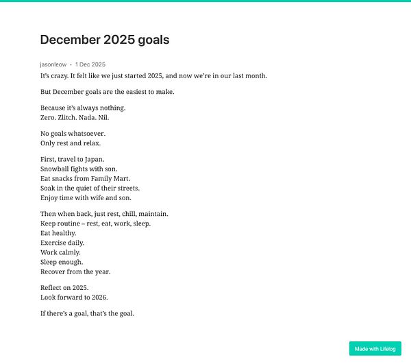 A list of personal goals for December 2025 emphasizing relaxation and family time.