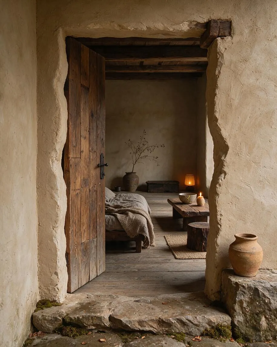 A rustic Wabi-Sabi style exterior doorway with rough plaster walls, a weathered wooden door, and a stone threshold opening into a calm interior. Inside, muted linens, clay vessels, a low wooden table, and warm candlelight create a quiet, organic atmosphere.