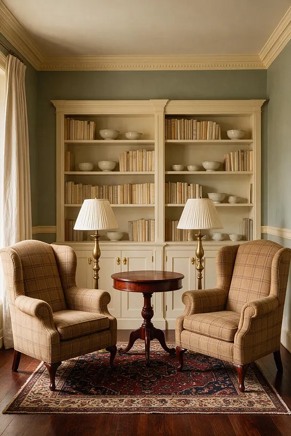 A traditional sitting nook with two plaid upholstered wingback armchairs flanking a small round wooden table on a patterned rug. Behind them, built-in bookcases with cream cabinetry hold rows of books and white bowls, with brass table lamps adding warm light.