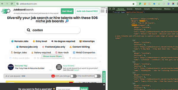 The image displays a job board website alongside a code snippet for implementing ItemList schema for SEO.