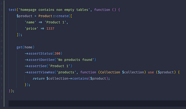 The image displays a code snippet for a test case in a PHP application.