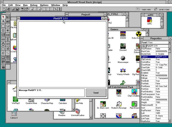 The image displays a Microsoft Visual Basic design interface for a project named PietGPT 3.11.