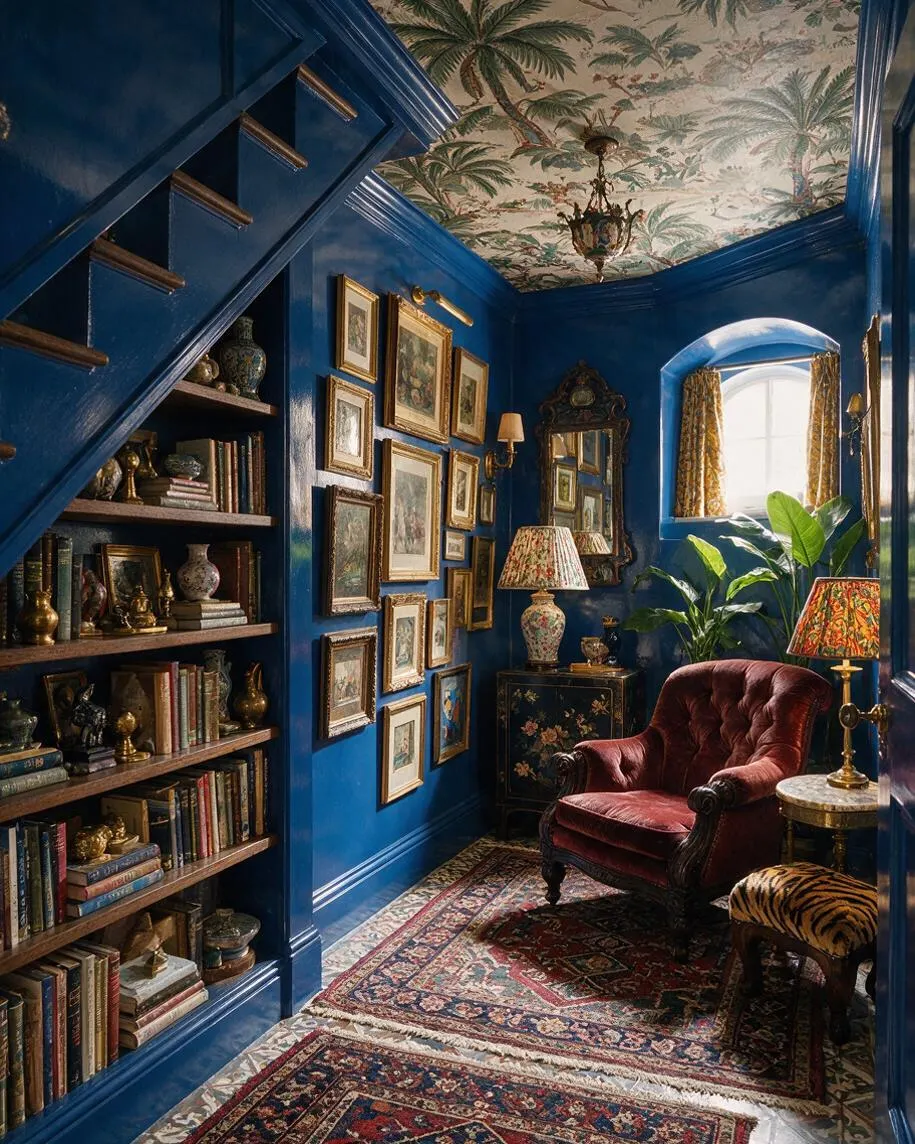 A richly decorated basement room with glossy cobalt blue walls, a painted tropical ceiling, and built-in bookshelves filled with books and decorative objects. The space includes a burgundy velvet armchair, patterned rugs, framed artwork, a floral cabinet, brass lamps, and lush plants near a small arched window.