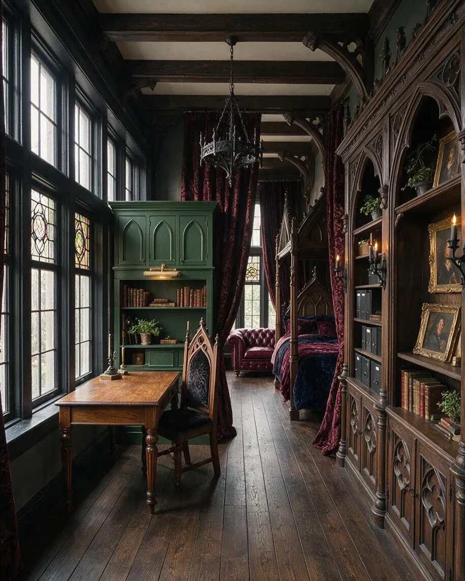A narrow Gothic-style sunroom with tall leaded windows, dark wood beams, and ornate carved shelving along the right wall. The room includes a wooden desk and chair, a green built-in cabinet, burgundy velvet drapery, a tufted chaise, and candle-style wall sconces, creating a dramatic, historic atmosphere.