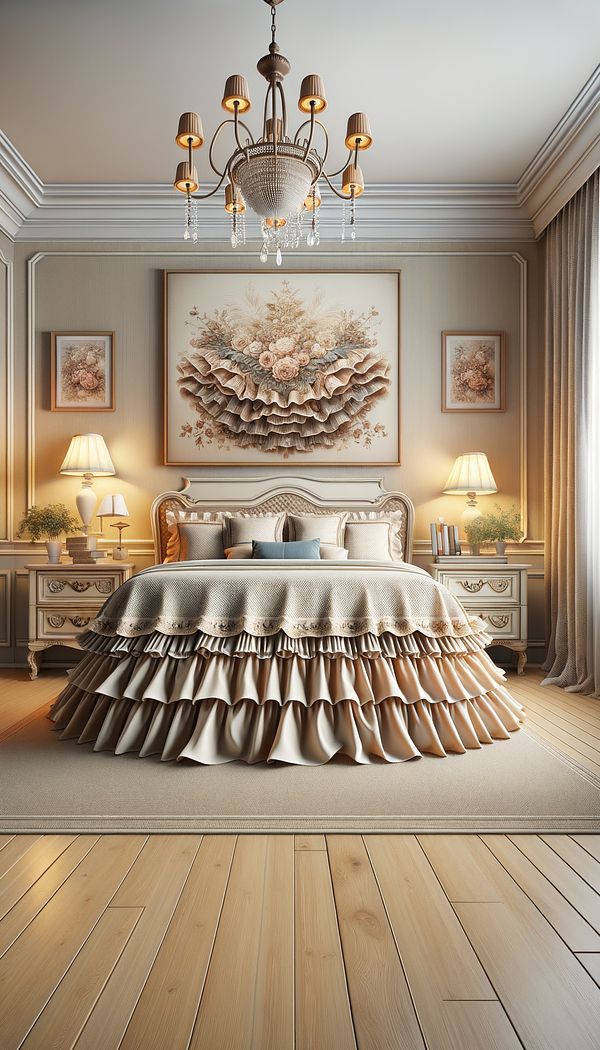 A neatly decorated bedroom featuring a bed adorned with a dust ruffle that complements the room's design scheme.