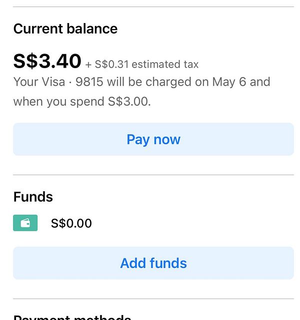 The image displays a payment interface showing the current balance and options for managing funds.