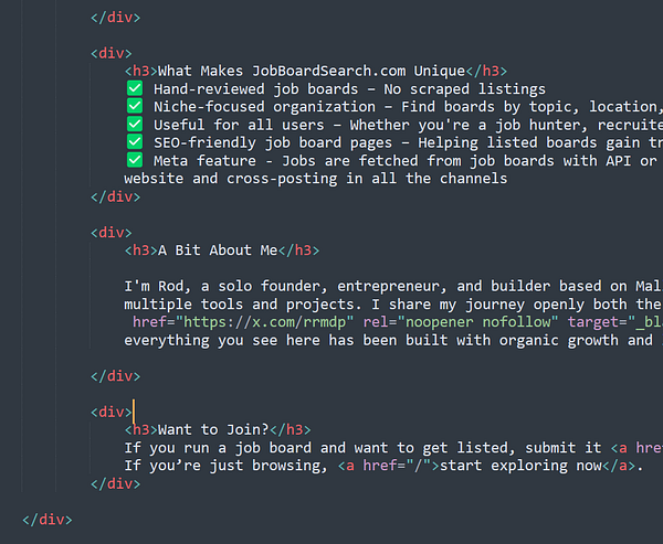 The image displays HTML code for the About Us page of JobBoardSearch.com.