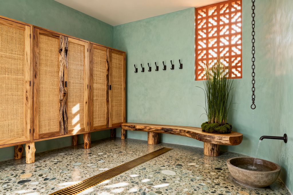 A biophilic mudroom with seafoam plaster walls features a row of rattan-fronted wooden lockers on the left and a curved live-edge bench along the right wall. A terracotta breeze-block window casts patterned light, above a planter of tall grasses and moss; a stone basin catches water from a wall spout beside a hanging black chain, while a speckled terrazzo floor with a brass linear drain and a line of matte black hooks complete the simple, natural layout.
