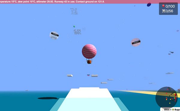 A colorful hot air balloon is flying over a digital landscape with various floating objects.