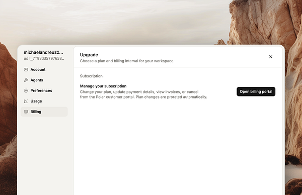 Dashboard interface showing Kobbe app settings with subscription details and tracking information.