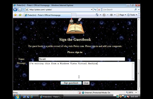 A guestbook entry is being made on a nostalgic Windows Vista virtual machine.
