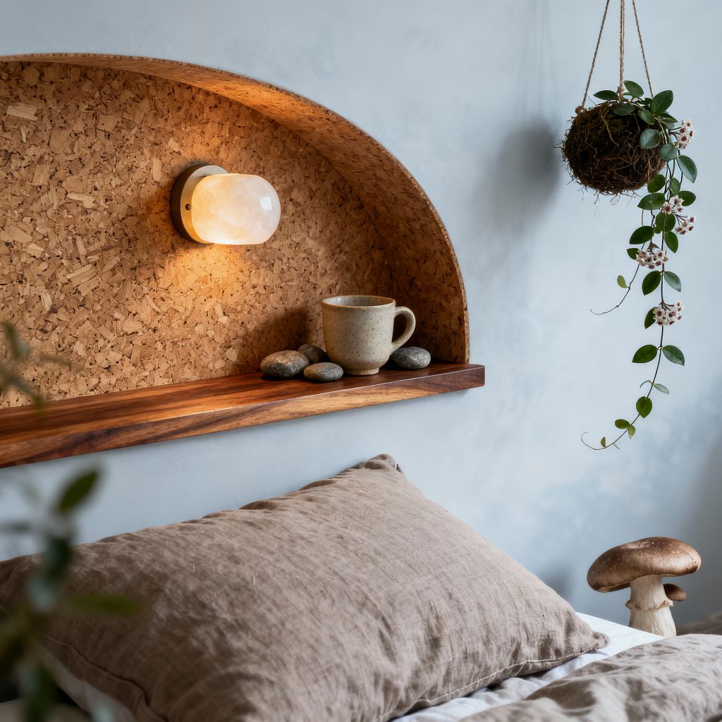 A close-up of a biophilic bedroom shows an arched cork-lined niche above the bed with a warm frosted glass sconce and a walnut shelf holding smooth river stones and a speckled stoneware mug. Soft gray walls, a hanging kokedama plant with trailing leaves, beige linen pillows and duvet, and a small carved wood mushroom stool create a calm, natural palette with layered textures and gentle, ambient light.