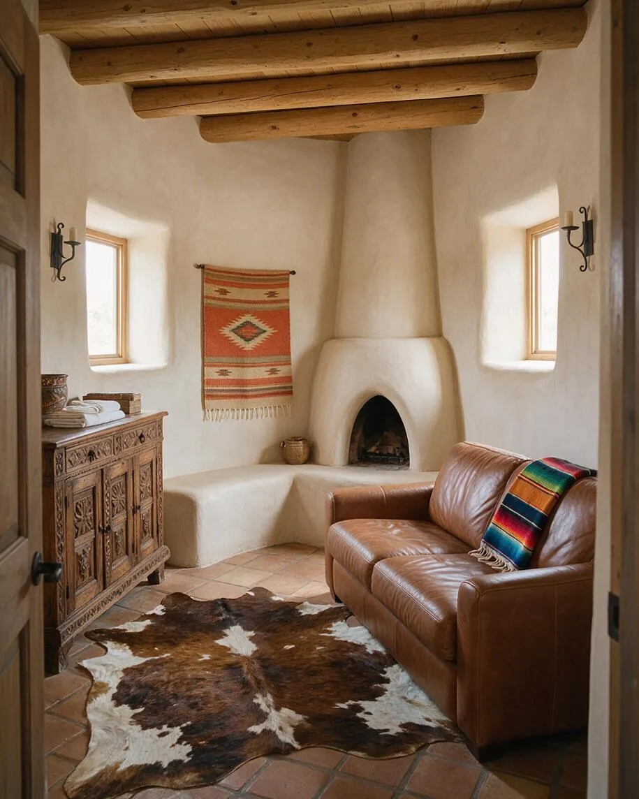 A cozy Southwestern-style backyard sitting room with white adobe walls, exposed wooden ceiling beams, a rounded corner fireplace, and small rectangular windows. The space includes a carved wood cabinet, a brown leather sofa with a colorful woven blanket, terracotta tile flooring, and a cowhide rug.