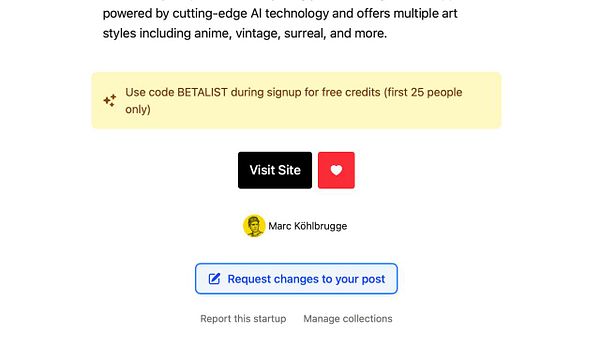 The image displays a startup post interface with promotional content and action buttons.