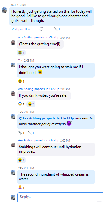 A humorous chat conversation among friends during a coworking session.