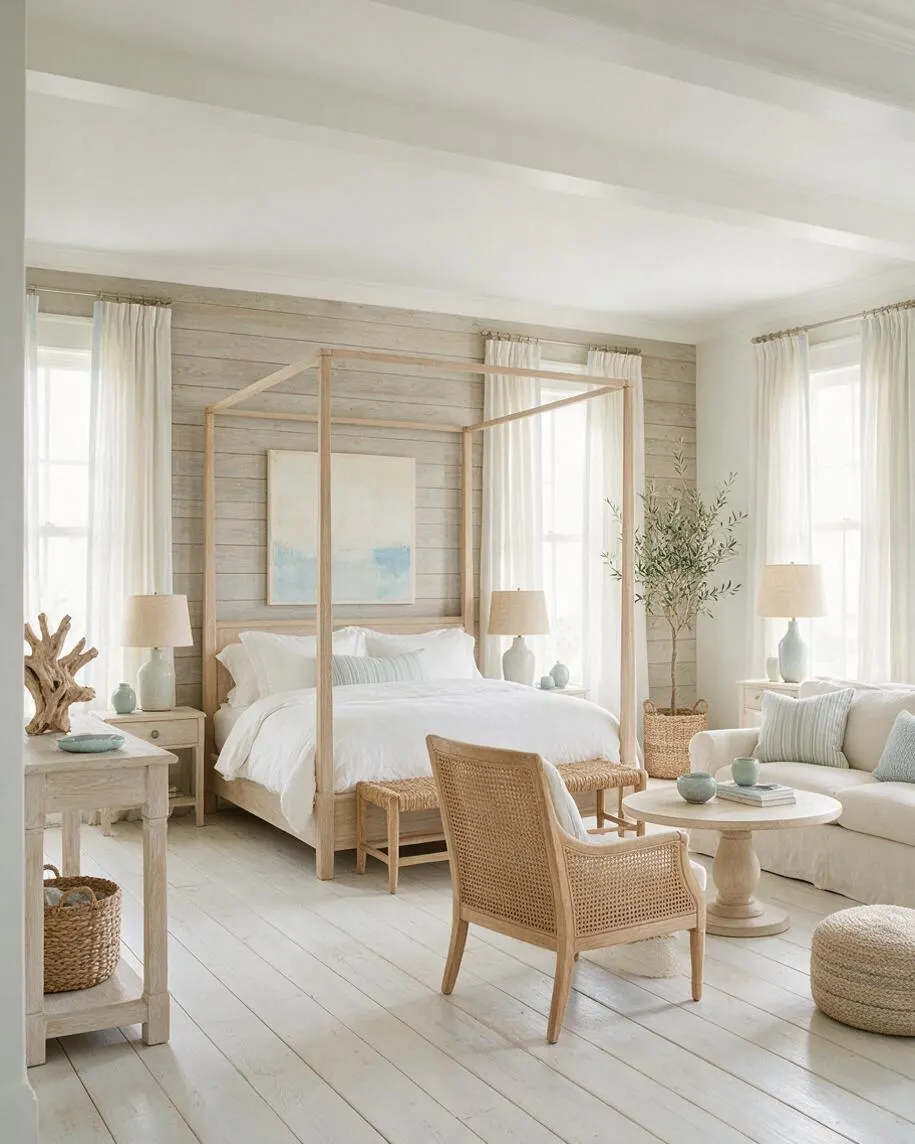 A bright coastal guest bedroom with a natural wood four-poster canopy bed centered against a weathered shiplap wall. White bedding, woven chairs, a light upholstered sofa, soft blue accents, and sheer curtains create a calm, airy retreat filled with natural light.