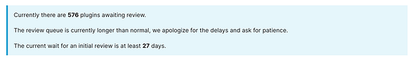 Screenshot of a WordPress plugin submission dashboard showing plugin details and a 27-day initial review queue message.
