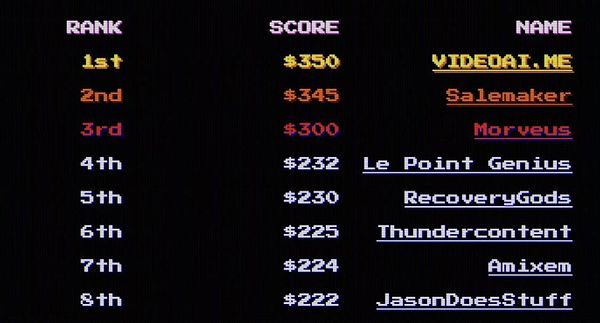A high score leaderboard displaying rankings, scores, and player names.