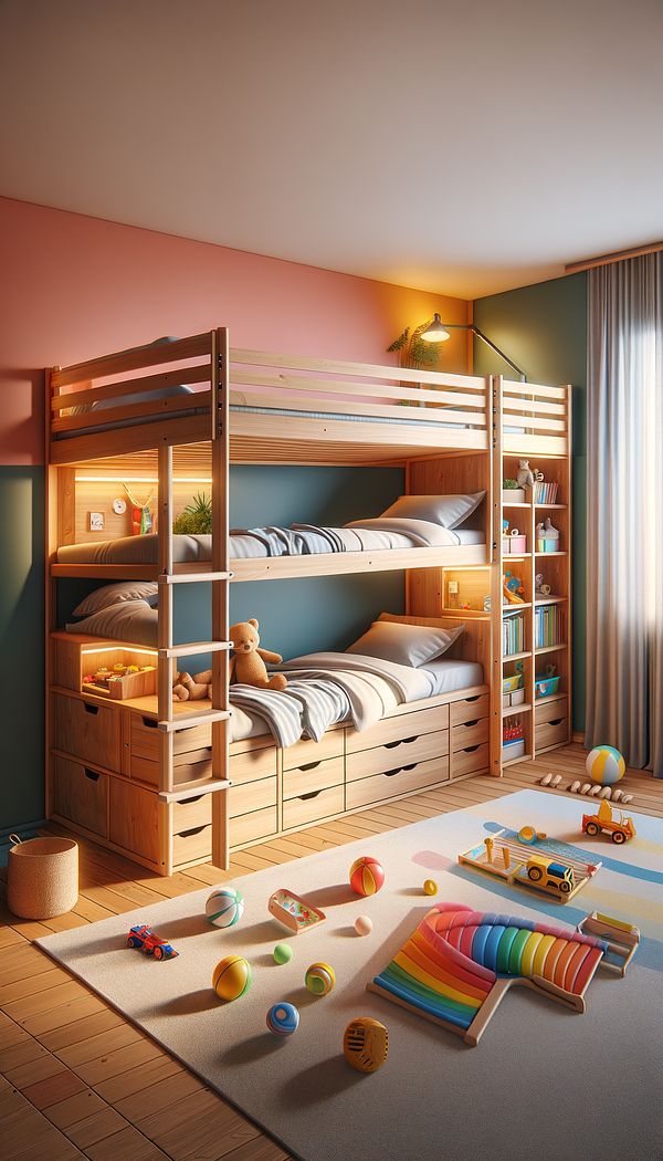 A wooden bunk bed in a children's bedroom, featuring a ladder, safety rails, and storage drawers underneath. The room has brightly colored walls and several toys scattered on the floor, emphasizing the space-saving aspect of the bunk bed.