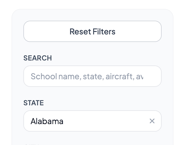 User interface of a flight school search page with filters and clear/reset buttons.