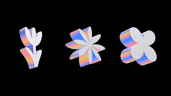 Abstract shapes with reflections on a smooth surface, featuring warm and cool color gradients and a transparent sphere.