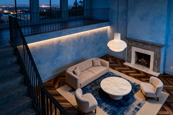 A double-height living room with mottled light-blue walls and a dark herringbone wood floor. A beige rounded sofa and two lounge chairs rest on layered rugs—a large natural-fiber rug beneath a smaller indigo rug—around a round stone coffee table; a carved stone fireplace glows at right, an oversized pendant and a linear LED along the mezzanine wall provide warm light, and black metal railings frame tall windows with a city view.