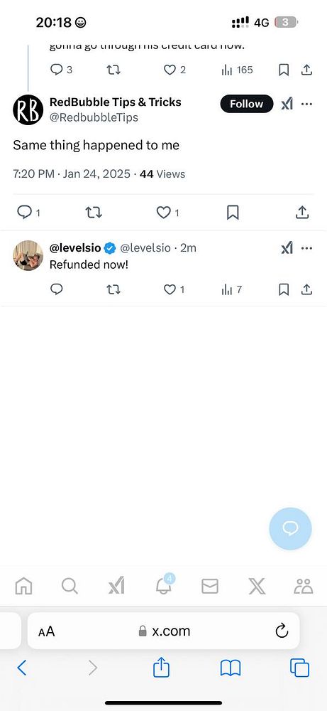 A screenshot of a social media conversation regarding refunds.